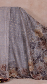 Smoke Grey Floral Handloom Raw Silk Cotton Saree